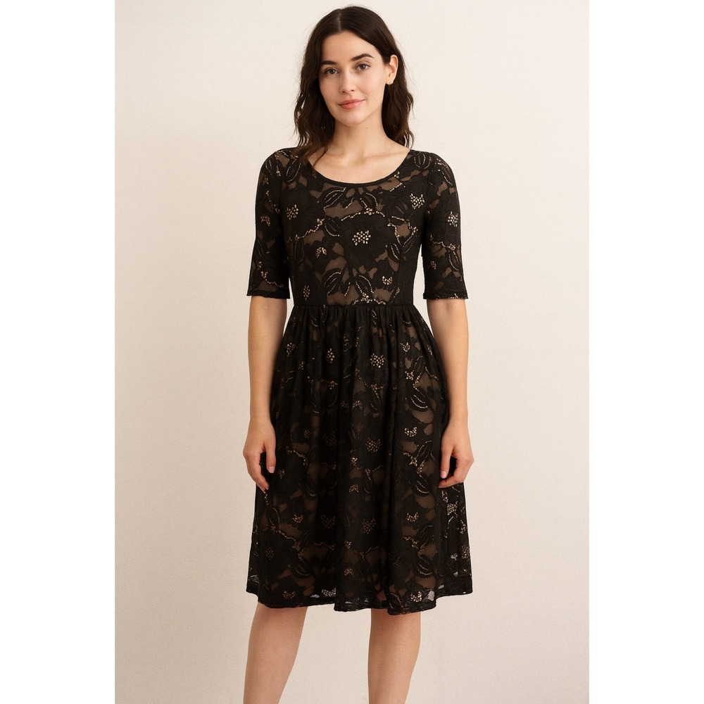 Mikarose Black Lace Fit & Flare Party Cocktail Dress‎ Women's Size S